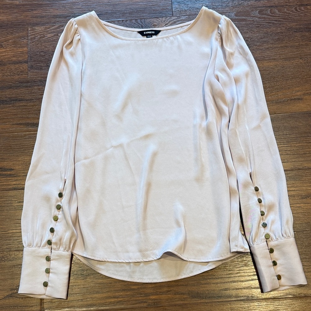 Express Women's Light Pink Long-Sleeve Blouse with Button Cuffs